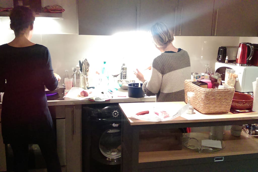 Cuisine aménagée neuve avec plaques à induction, lave-linge, lave-vaisselle, fours électrique et micro-onde, cafetière, théière et grille-pain