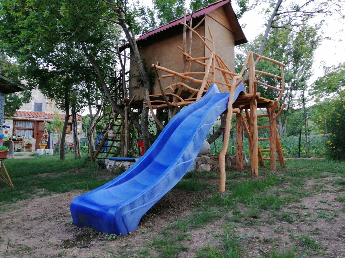 A wooden treehouse structure is surrounded by trees, featuring a blue slide that descends from the raised platform. The rustic design includes natural wooden elements, enhancing the playful atmosphere of the outdoor setting.