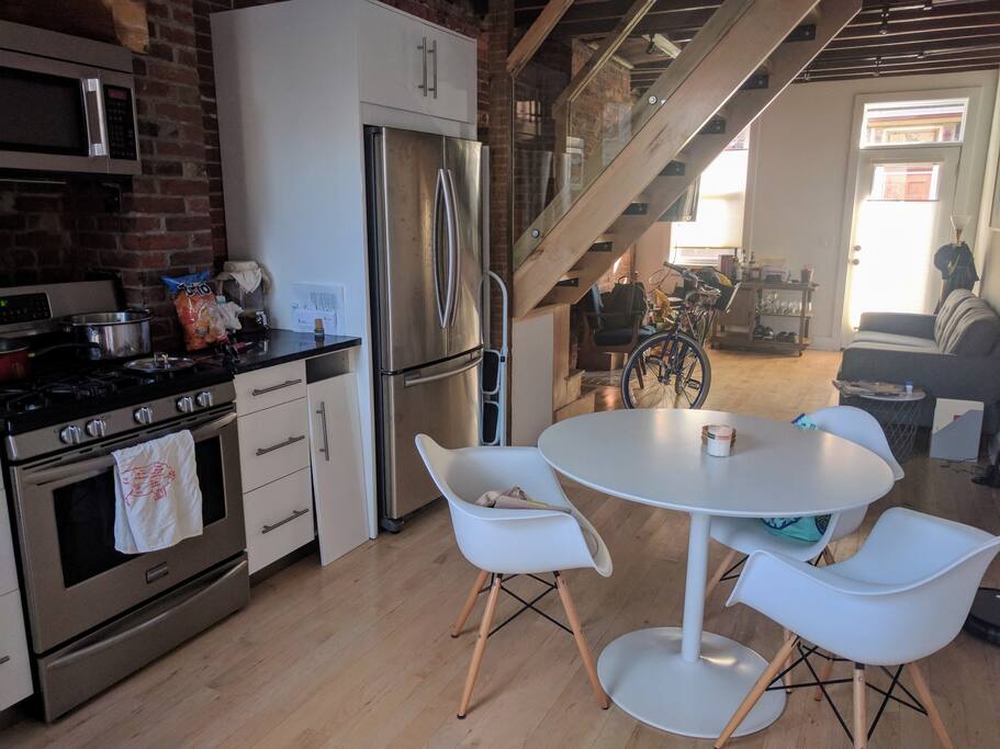 The kitchen and living room.