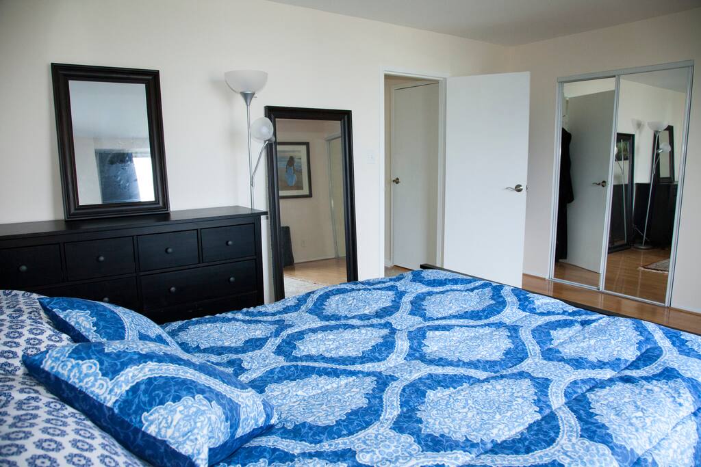 Queen bed, dresser and 2 large closets. Hard Wood floors with rugs.