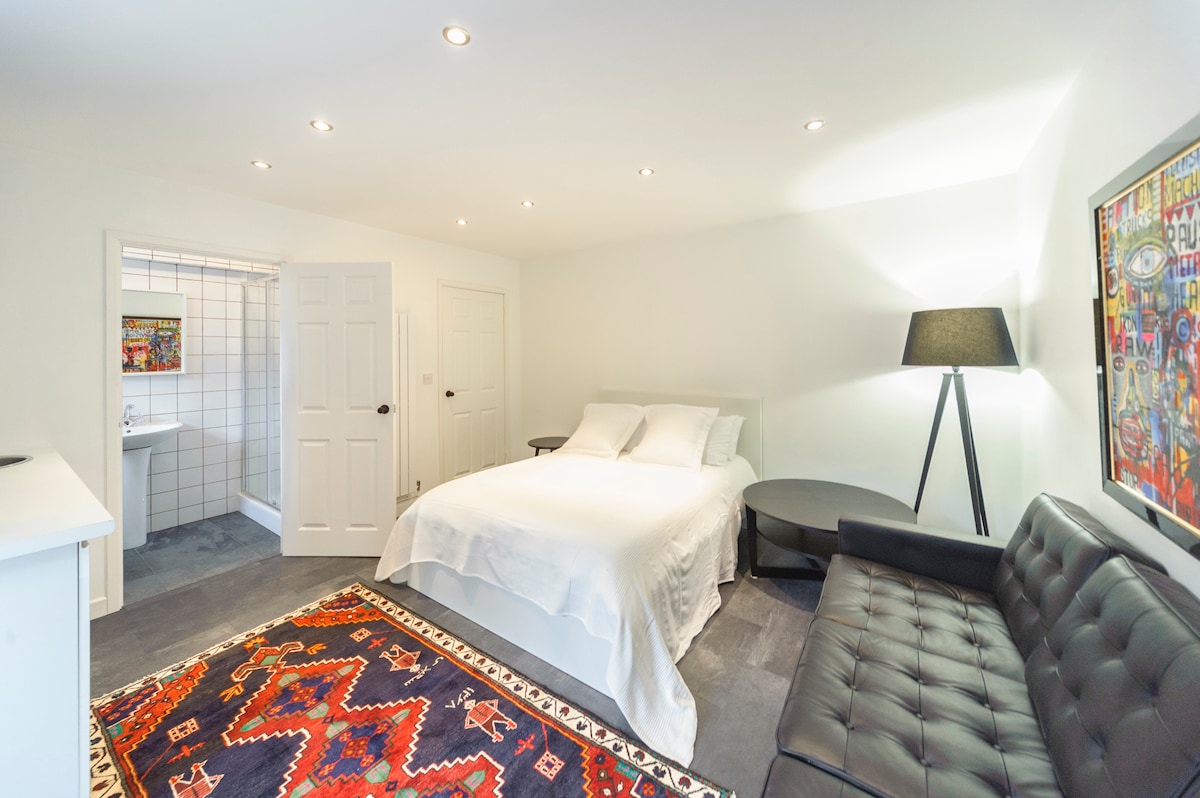 A spacious studio features a large double bed with crisp white linens, complemented by a dark, textured sofa. An area rug adds warmth to the floor, while artwork and modern lighting fixtures enhance the contemporary design. The open layout includes visible private bathroom access.