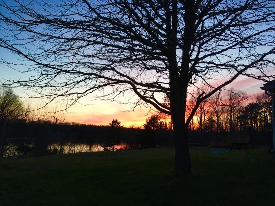 The sunsets on Zwickers Lake are beautiful.
“Charming little cabin on gorgeous lakefront property. Nice and quiet, private, and amazing location. Brights stars, campfire, and lake access at your fingertips. Lovely hosts and peaceful setting. Rustic as expected! Great little escape from city life. Recommended and great value.” Laura, September 2017