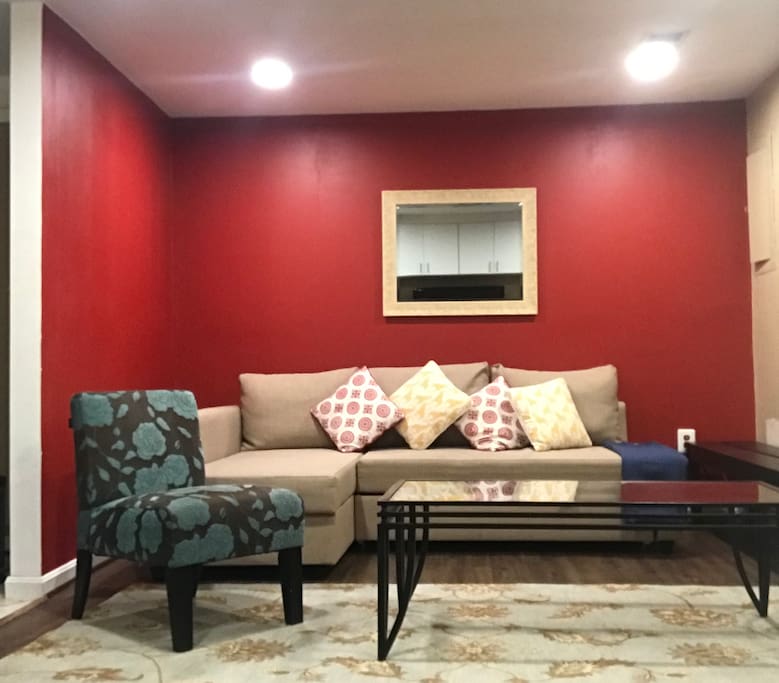 Spacious and well lit living space that converts into a comfortable sleeping place if you have guest.