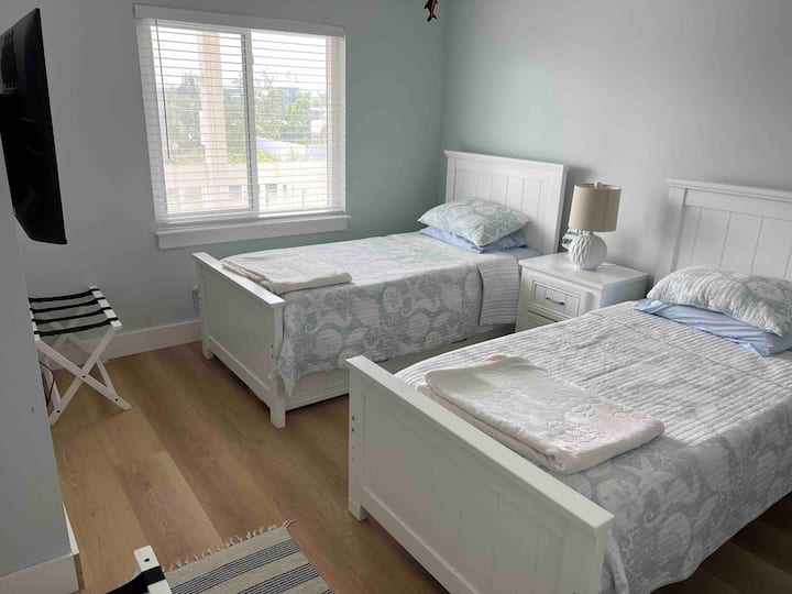 1st floor bedroom with 2 twin beds and TV.