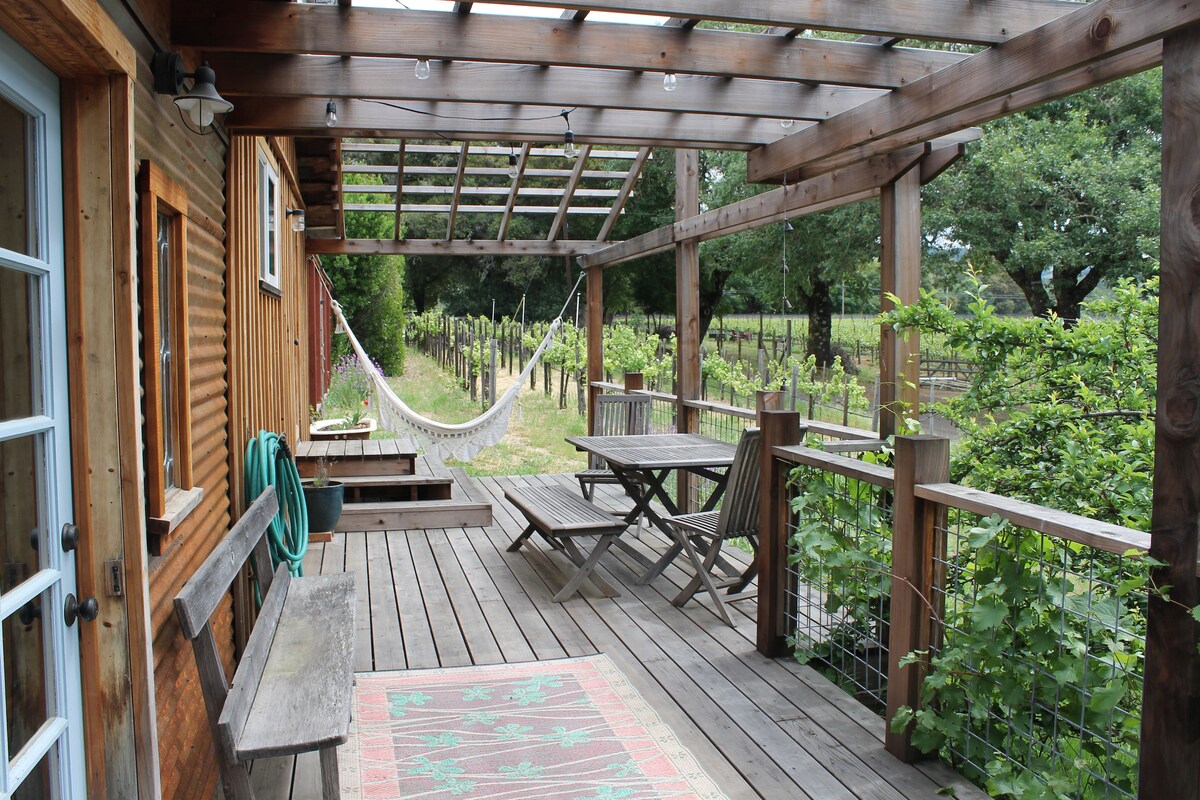 A wooden deck provides a spacious outdoor area with a hammock gently swaying. Dining tables and benches are arranged for gatherings. Lush greenery surrounds the deck, including a view of nearby vineyards, enhancing the connection to nature.