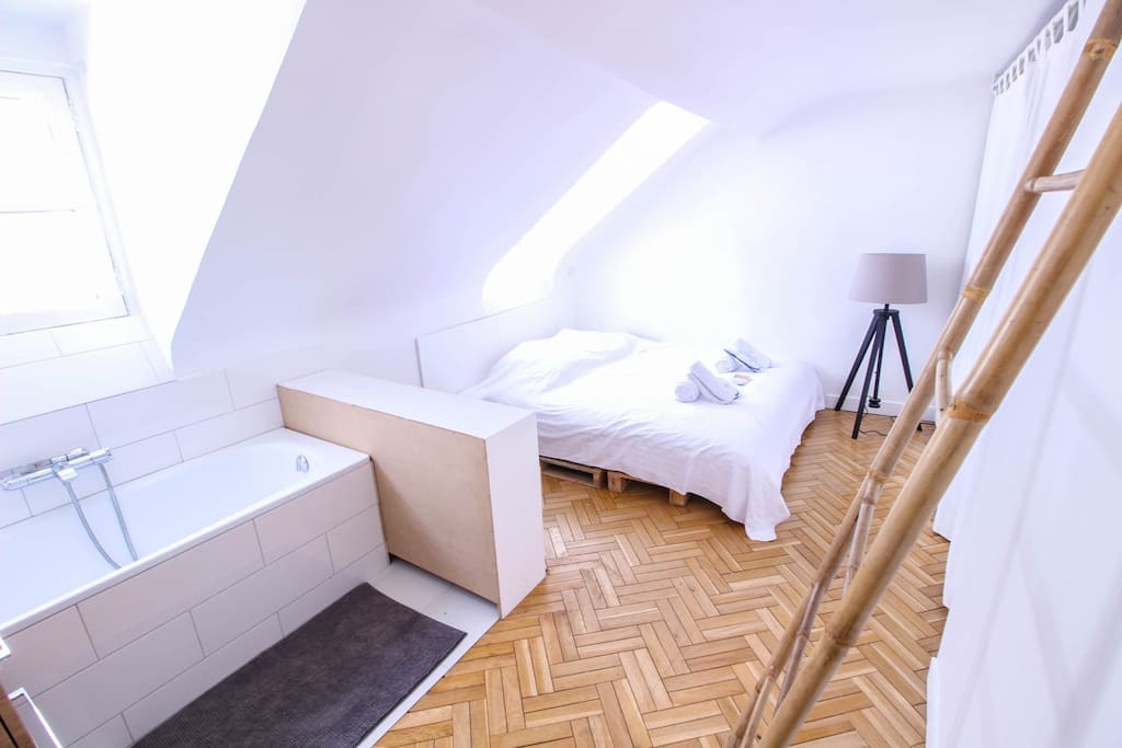 Comfortable bedroom with bathtub.