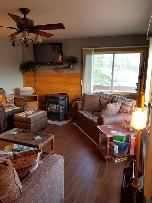 Living room has gas fireplace, TV, DVD player, movies, Dish Network, and games.