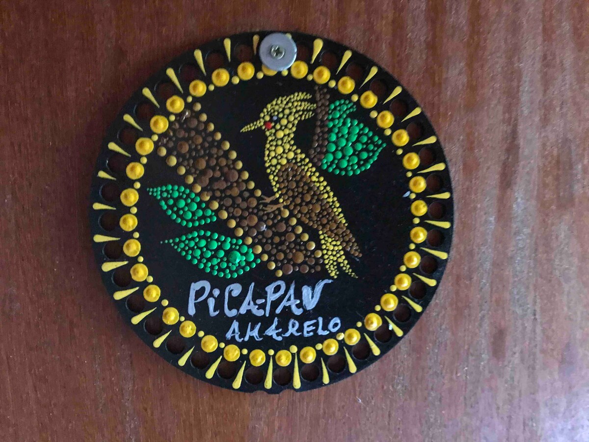 A circular, hand-painted sign features a stylized depiction of a woodpecker on a tree branch, surrounded by a colorful beaded border. The name 'Pica-Pau-Amarelo' is inscribed in white, providing a welcoming identification for the suite.