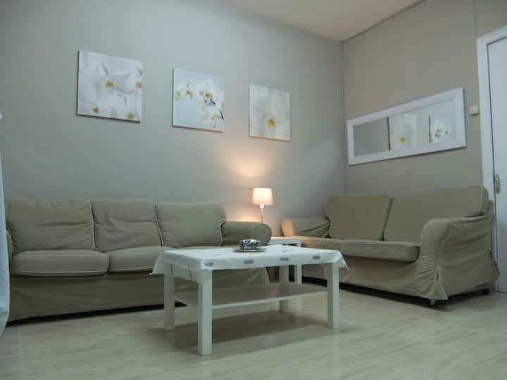 Gran salón luminoso con 2 sofas grandes , uno de ellos es cama doble Ikea.