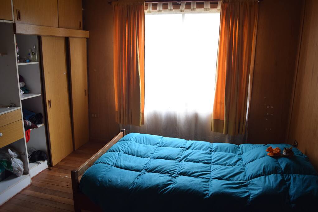 La habitación implementada con una cama y un armario de gran tamaño.
The room implemented with a bed and a large wardrobe.