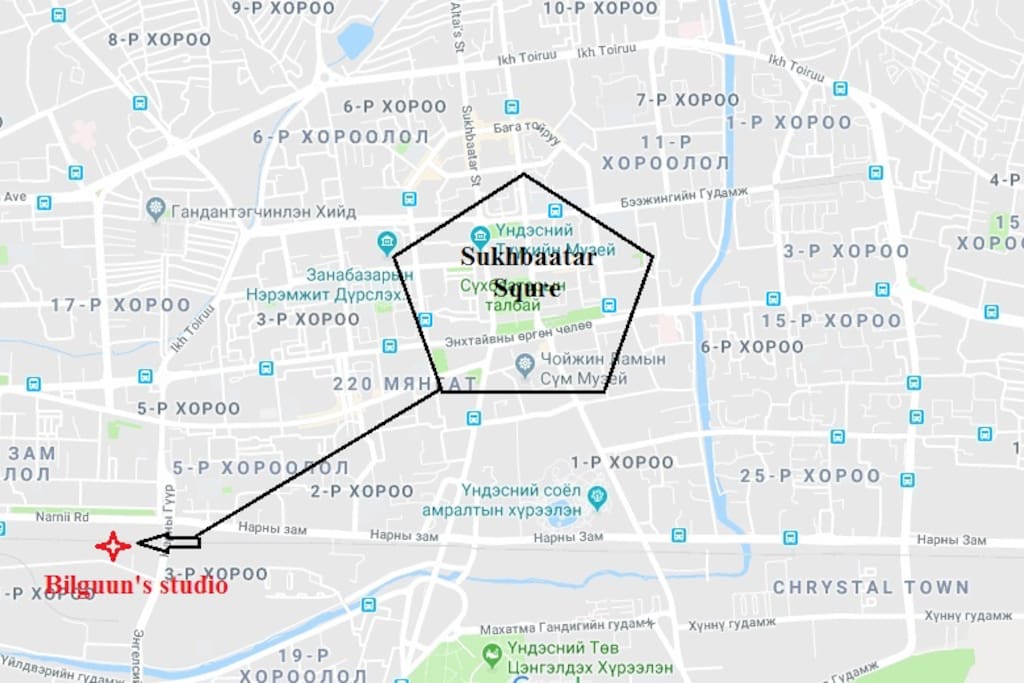 Location of the property in relation to downtown UB- Sukhbaatar square (point zero UB)