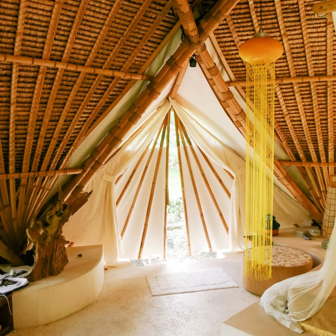 Dome interior with custom sacred geometry bamboo design.