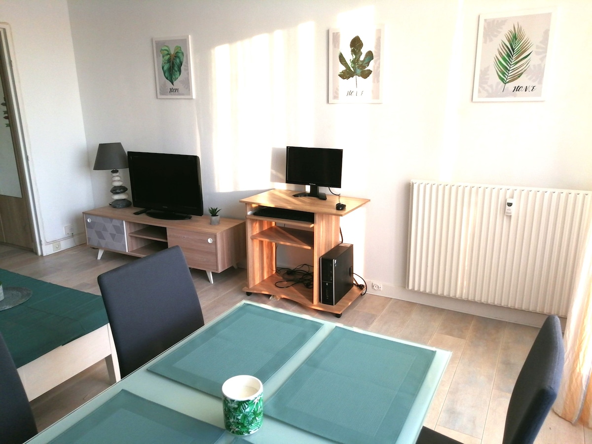 The living area features a dining table with teal placemats and a decorative cup. A flat-screen television and a computer monitor are situated on a wooden console and desk. Green botanical prints adorn the bright walls, contributing to a fresh ambiance.