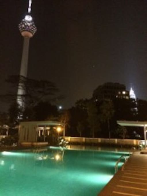 View of the KL Tower at night from the Swimming Pool