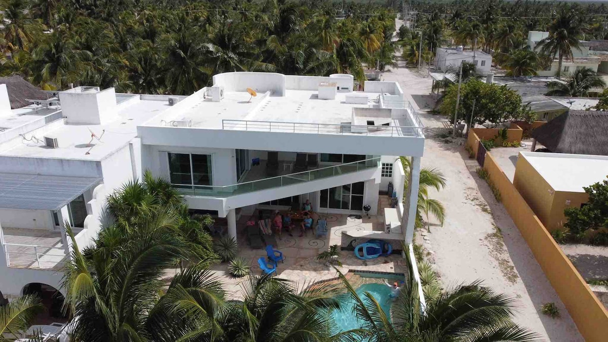 An aerial view of a modern villa reveals an infinity pool surrounded by tropical landscaping. Sun loungers and lounge chairs are positioned near the pool. The villa features a spacious terrace with glass railings, and palm trees frame the property, providing a sense of seclusion.