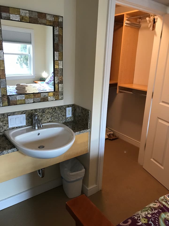 حوض مرصوف بغرفة نوم رئيسية ، مع قابس منفصل ، وخزانة ملابس.