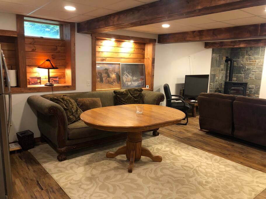 Everything is brand new. The bed, the TV, the pellet stove, the construction. We went with the Adirondack theme and could not be happier with the way it turned out.