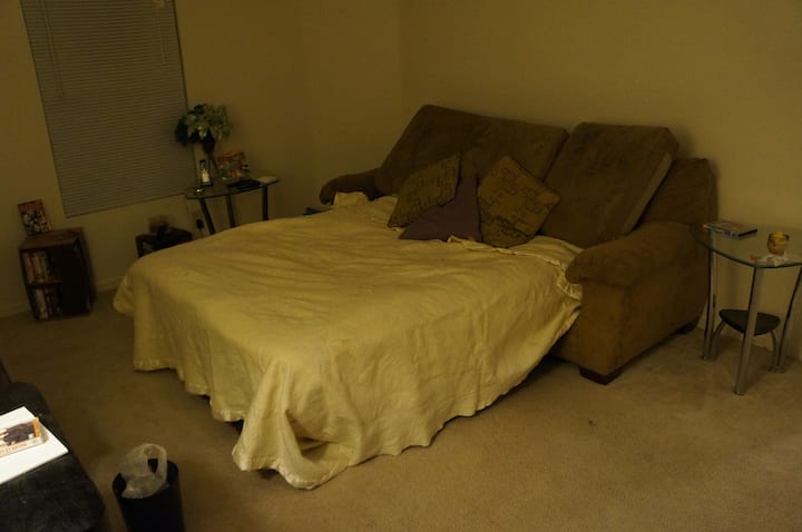 Pull out couch sleeps 2-3 pretty easily. We also have a pillow top topper, to add padding to the fold up mattress. 