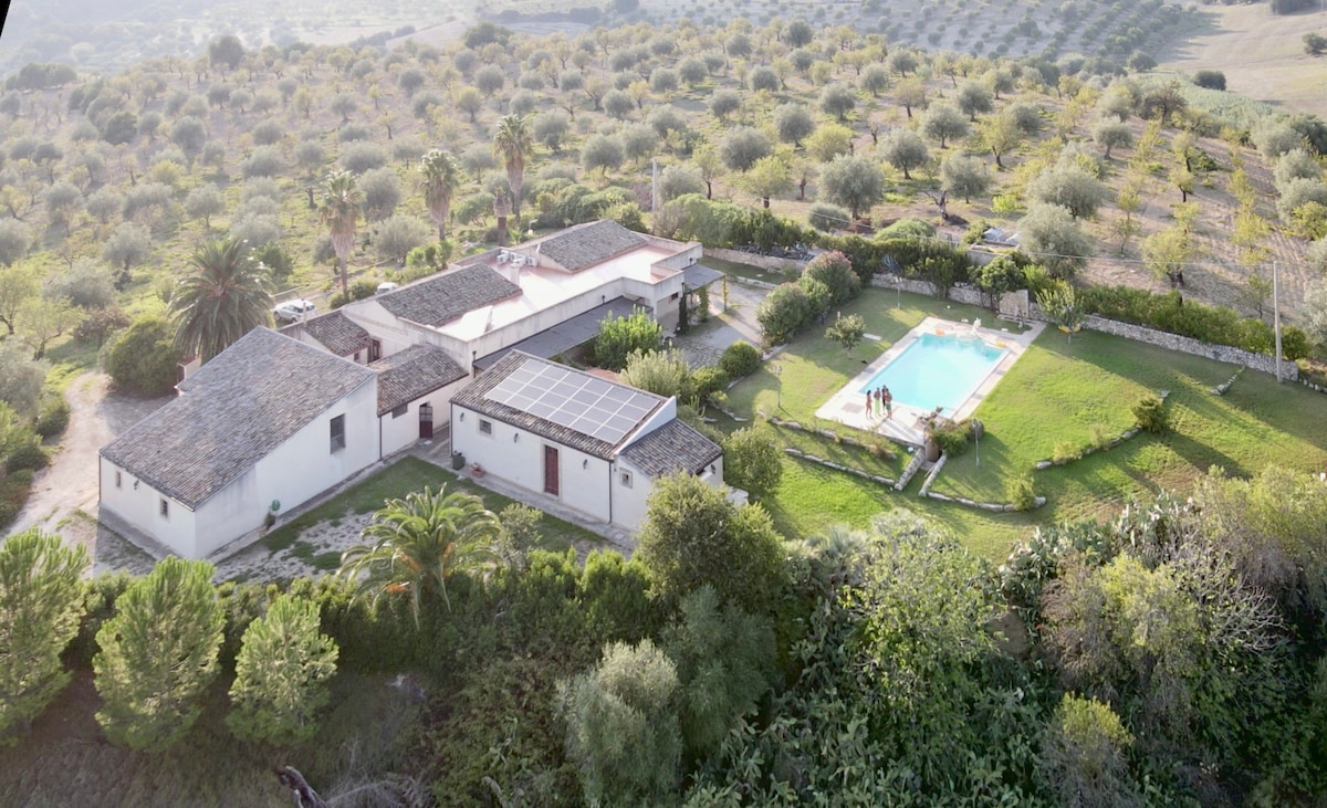 An aerial view of a rustic villa surrounded by lush olive groves. The landscape features a well-maintained garden, a swimming pool, and a spacious patio area. Solar panels are visible on the villa's roof, emphasizing an eco-friendly design.