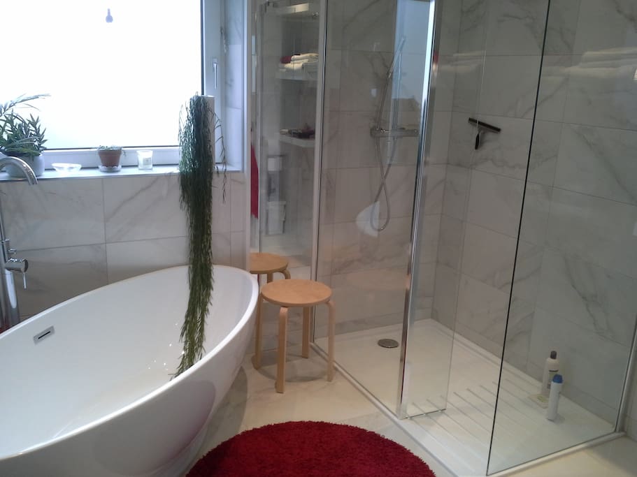 Newly refurbished bathroom with big walk-in shower
