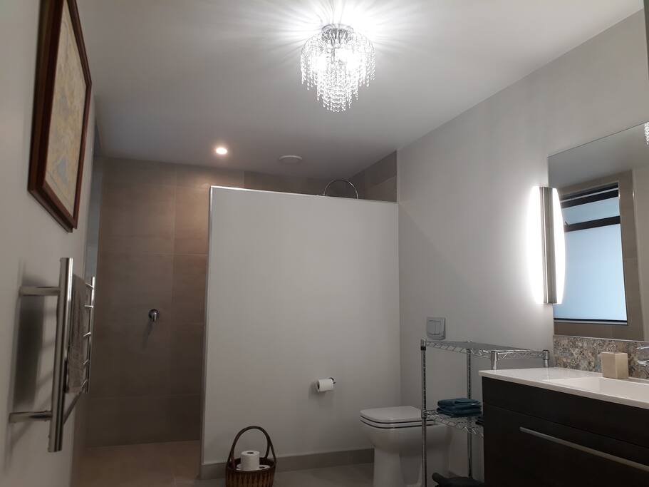 Your bathroom. Walk-in-shower. Heated towel rail. Heated floor. Towels, soap, shampoo provided.