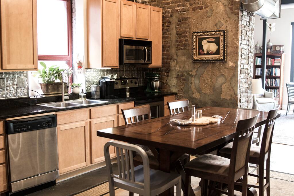 Large open kitchen with single cup coffee maker (fully stocked with San Francisco Bay coffee pods.)
