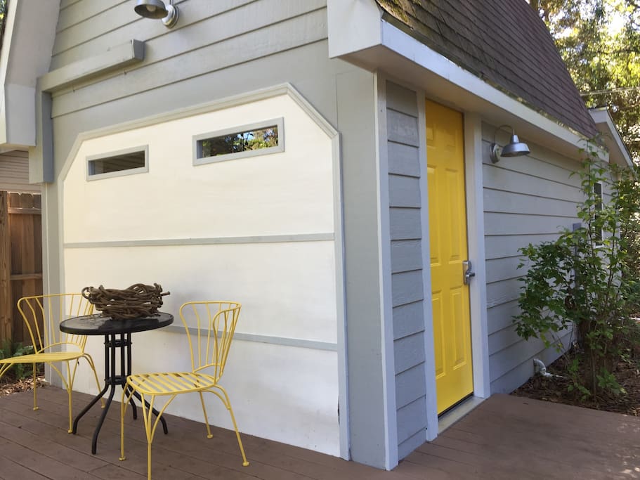 Go through the bright yellow door!