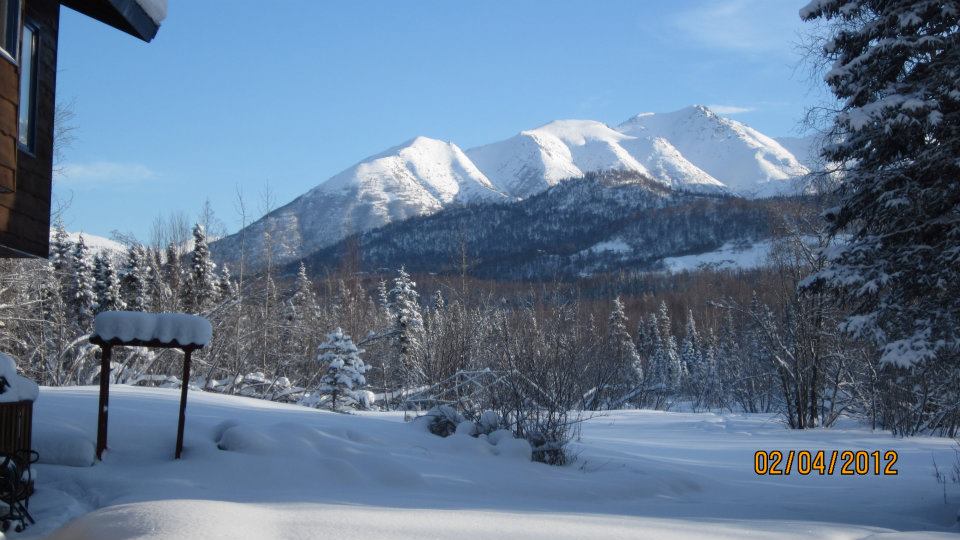 Snow-covered landscape showcases rolling hills and tall mountains in the background, creating a serene winter scene. A portion of the property is visible with tree coverage and a structure in the foreground, emphasizing the quiet and natural surroundings.