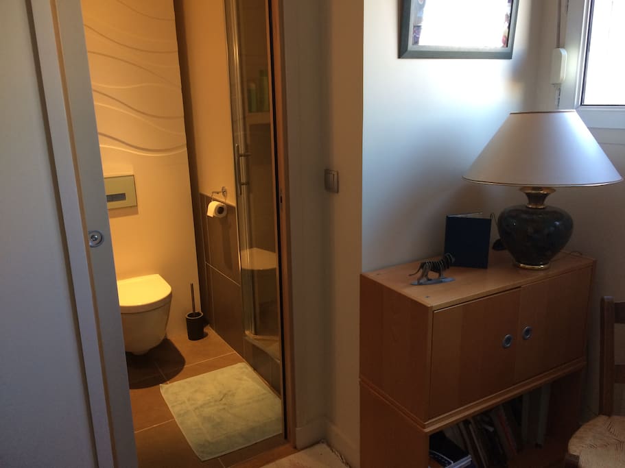 WC et douche privés mitoyen de la chambre (porte coulissante).