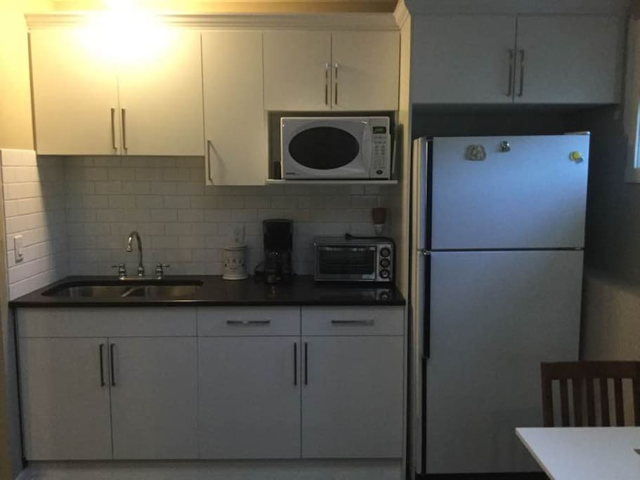 Kitchenette equipt with full size fridge, large toaster oven, Microwave, portable double burner cooktop, coffee pot.. kettle.. all the essentials for a Kitchen.