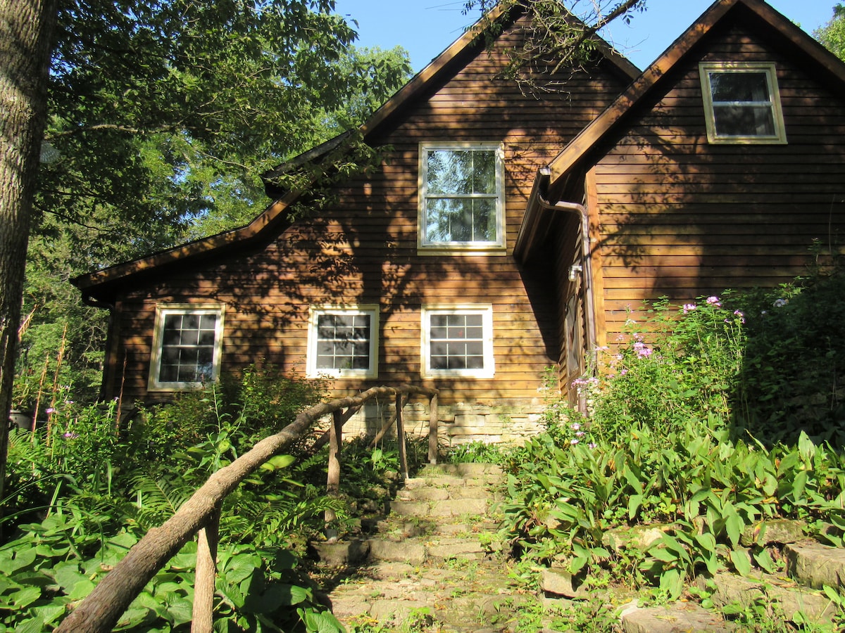 The exterior of the house features a rustic wooden facade surrounded by lush greenery. A stone pathway leads to the entrance, framed by vibrant plants and flowers. Large windows allow natural light to illuminate the interior, enhancing the home’s connection with nature.