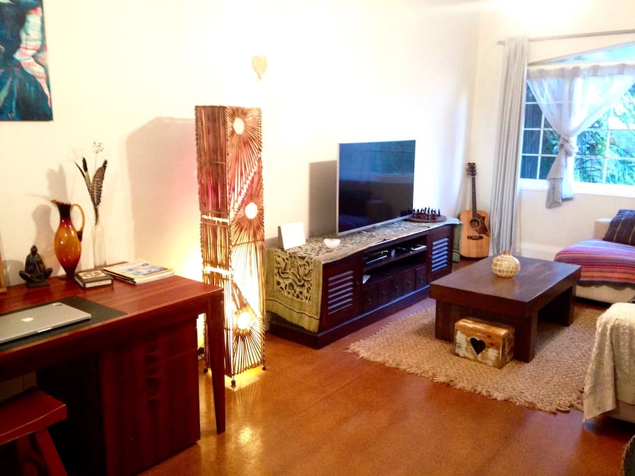 Big flat screen, super comfortable couch, desk, cushions,