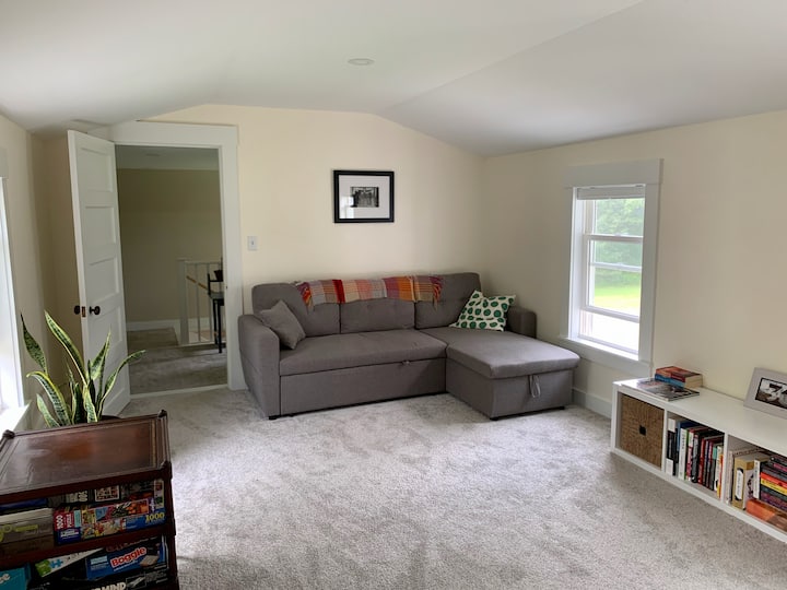 Detta är vad vi kallar det "stora rummet" (det brukade vara 2 sovrum i pensionatet) och har en utdragbar soffa för att göra det till ett sovrum. Här finns böcker, spel och leksaker samt ett skrivbord och en bildskärm som fungerar som kontor om du arbetar på distans. 