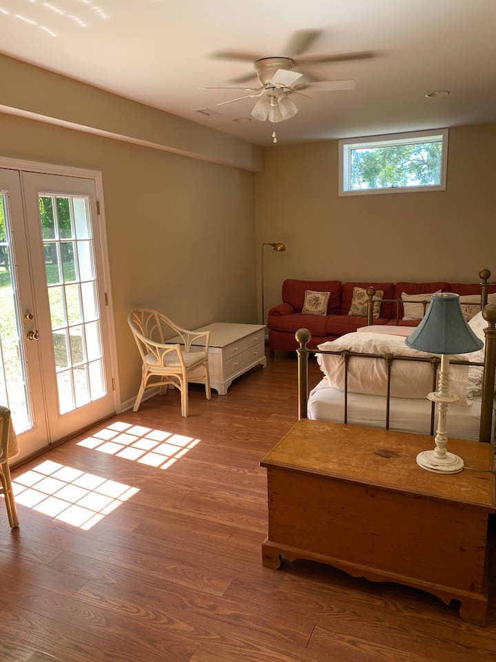 地下室客厅配有双人带轮床和通往院子的法式门。