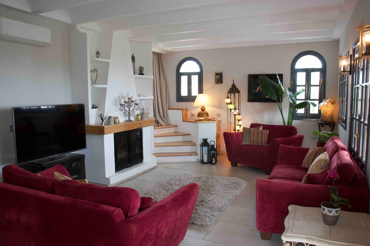 A warm living room features two red sofas positioned around a light area rug. A modern television is placed next to a wooden mantel with a decorative fireplace. Large windows complement the space, allowing natural light to illuminate the room.