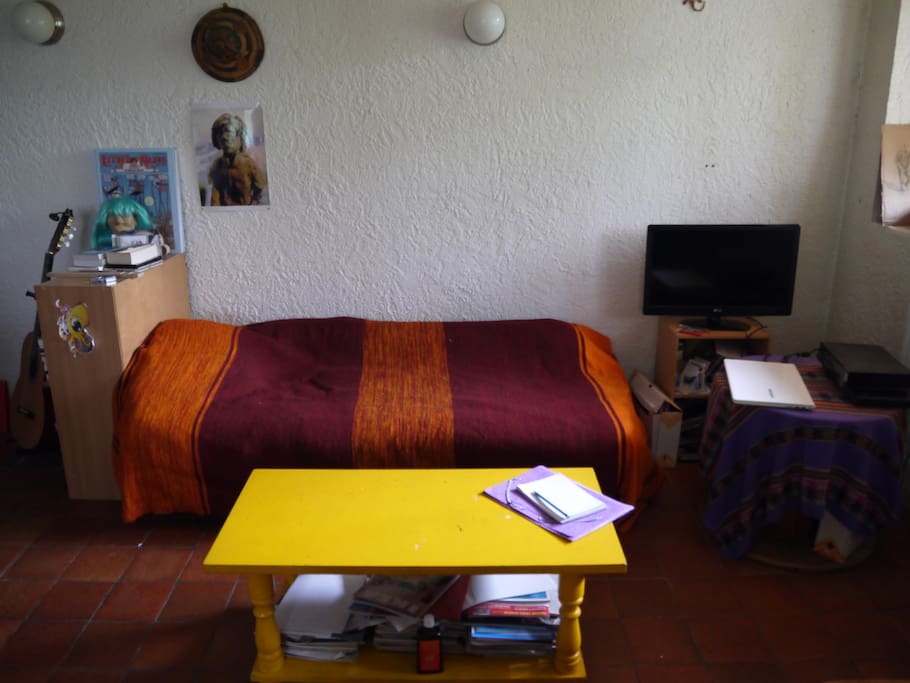 Lit simple dans le salon ( grande pièce à vivre avec cuisine ouverte de 25 m2)