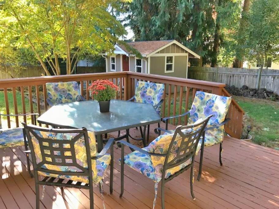 Fenced backyard, deck for enjoying a BBQ