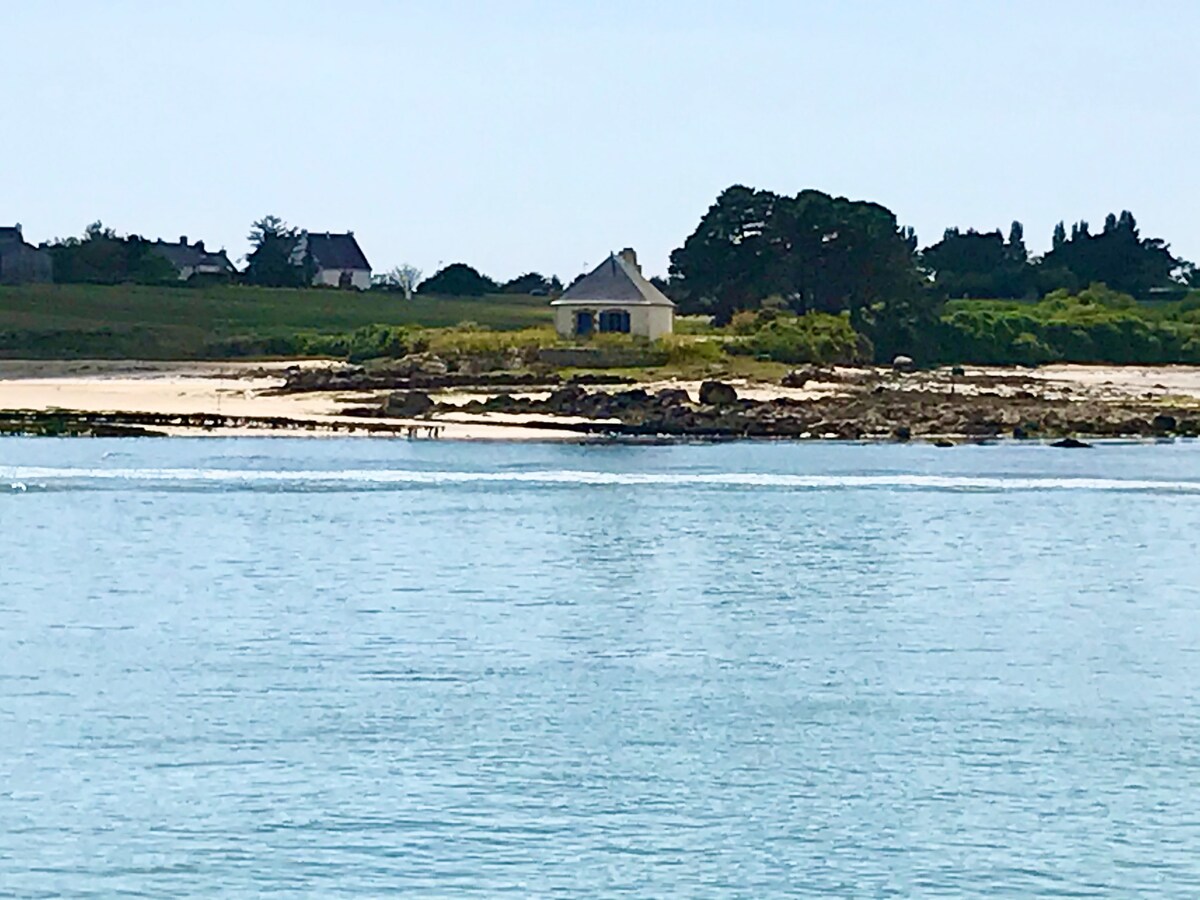 A charming house is featured on a small island, surrounded by clear blue waters. Sandy shores are visible in the foreground, while green vegetation edges the back. The house showcases large windows, reflecting peaceful coastal living.