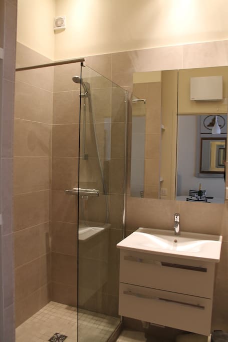 HUGE SHOWER ! Modern bathroom with all the amenities you need: washer, hair dryer...