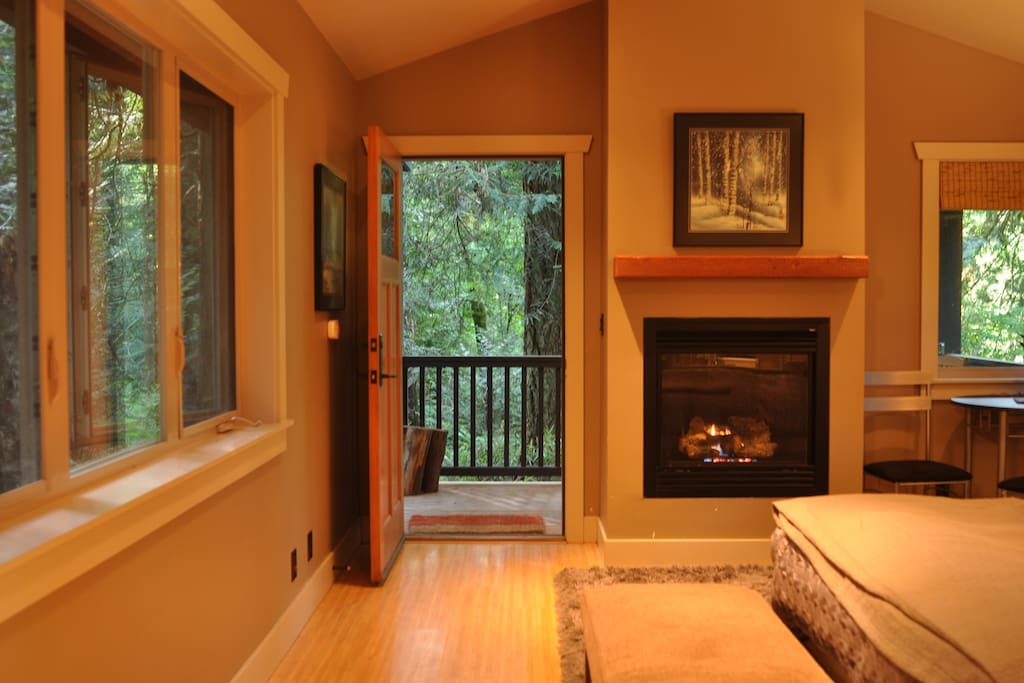 Looking out the front door of the cabin.