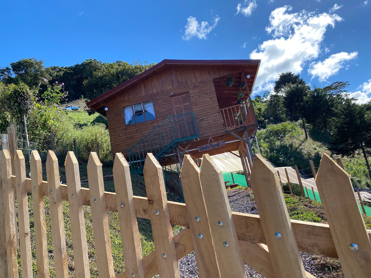 A charming wooden cabin is set against a blue sky, surrounded by lush greenery. A wooden fence provides a welcoming boundary, while steps lead up to the cabin's entrance. The elevated position allows for a glimpse of the surrounding landscape and hillside.