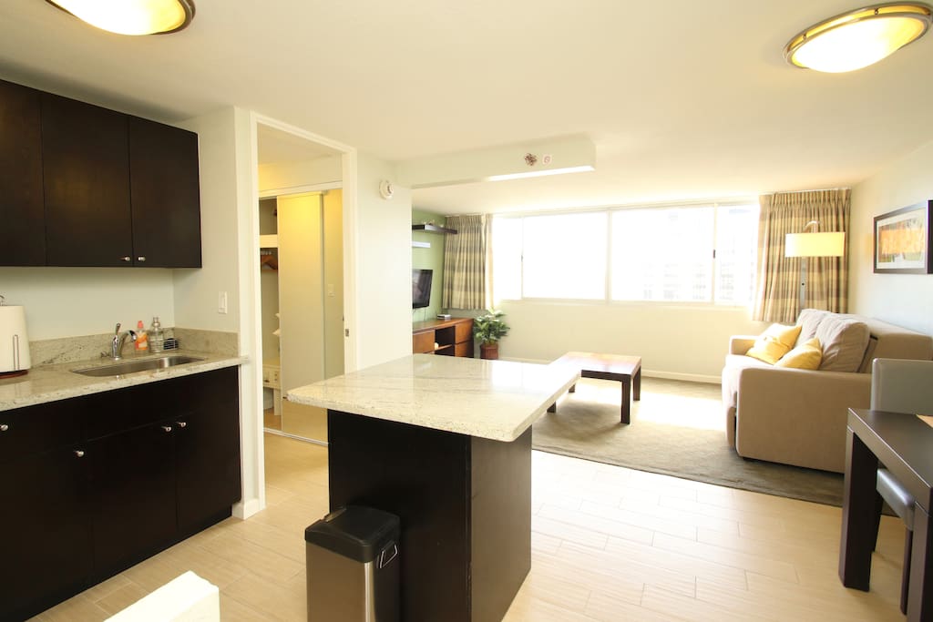 Spacious and Bright Kitchen and Living Room Area.