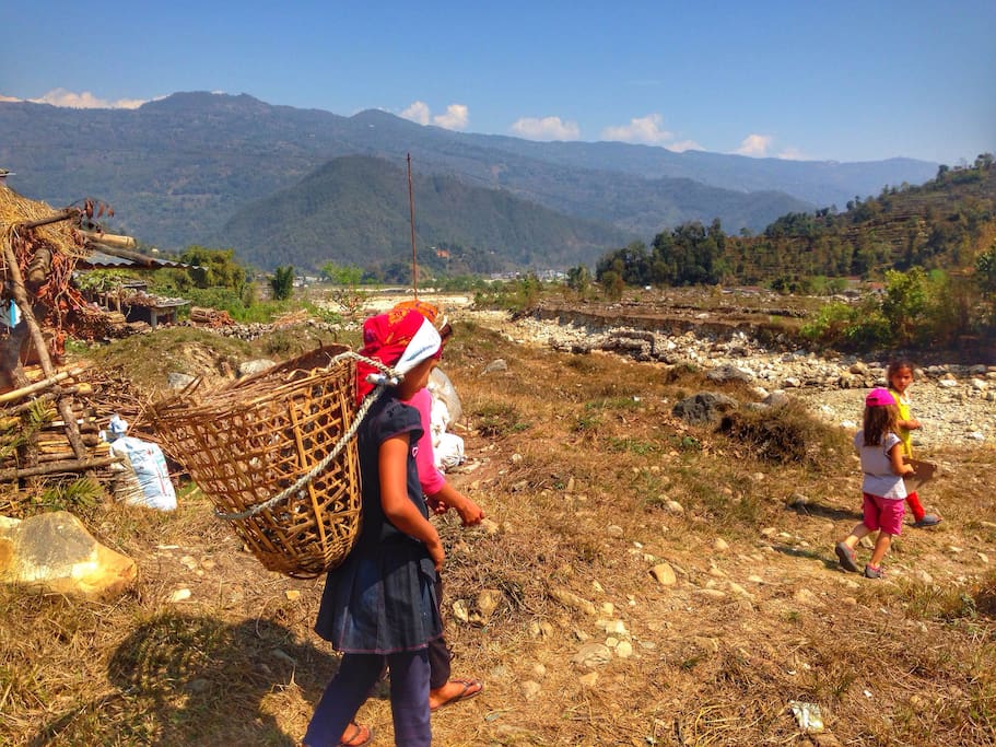 The local village girls on the way to cut grass for their animals