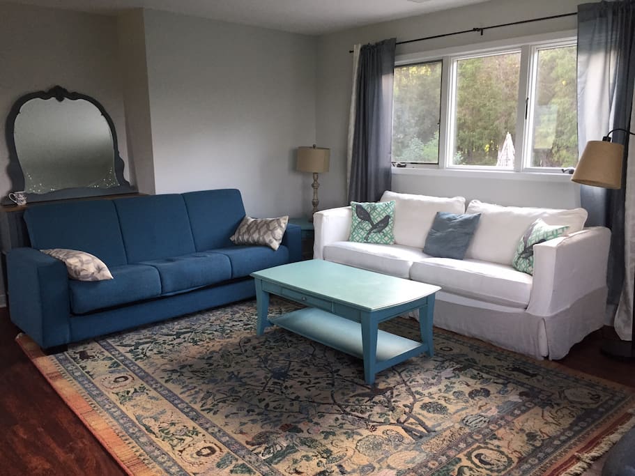 Open floor plan living room. Blue sofa is a sleeper sofa.