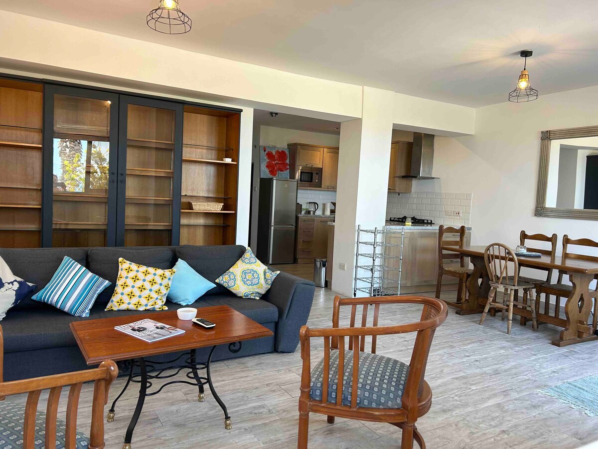 An open-plan living area features a comfortable gray sofa adorned with colorful cushions, complemented by two wooden chairs and a small table. A well-equipped kitchen is visible in the background, with sleek appliances and storage shelves, while natural light filters in through large windows.