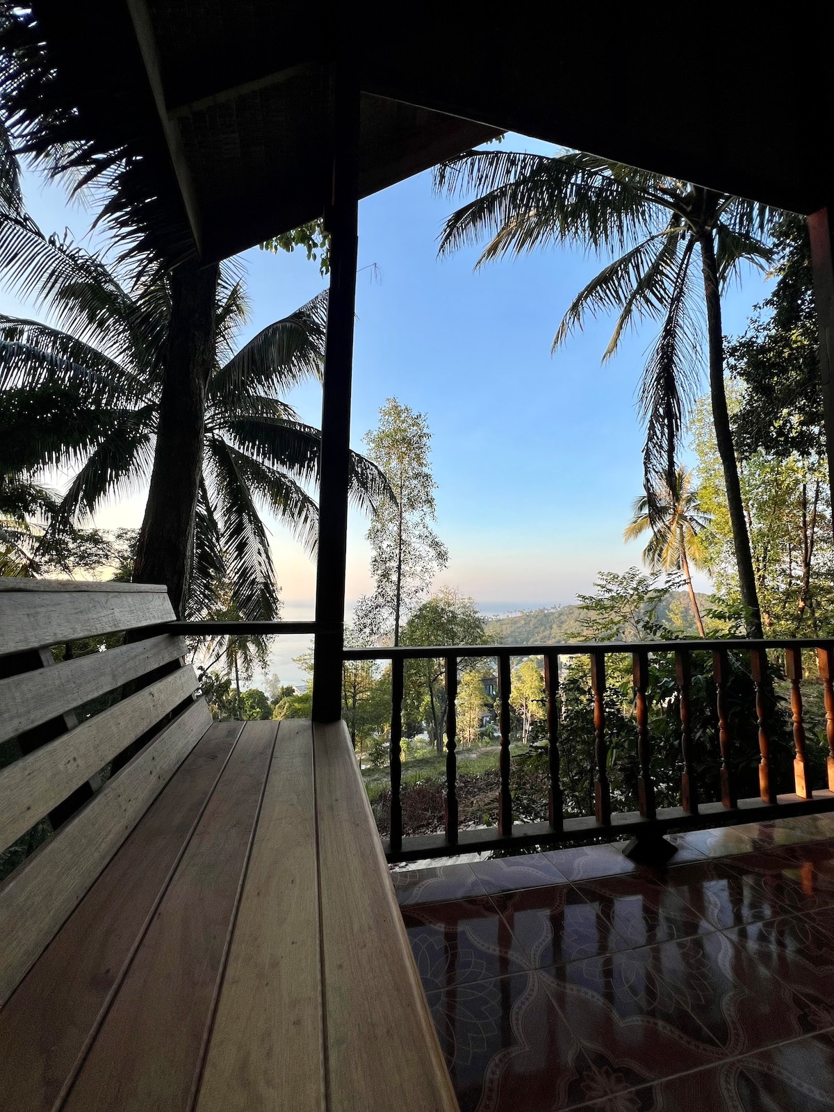 A wooden bench provides a seating area on the balcony, framed by lush palm trees. A serene view extends towards the horizon, blending sky and land with hints of the ocean visible in the distance, creating a peaceful outdoor setting.