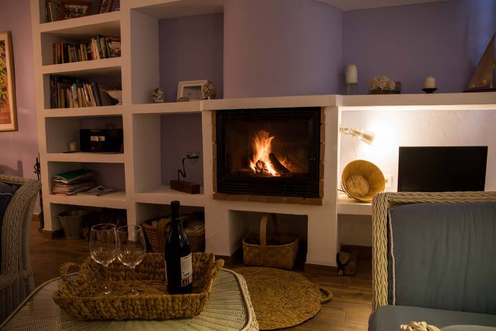 The Fireplace and bookcase. Cosy winter