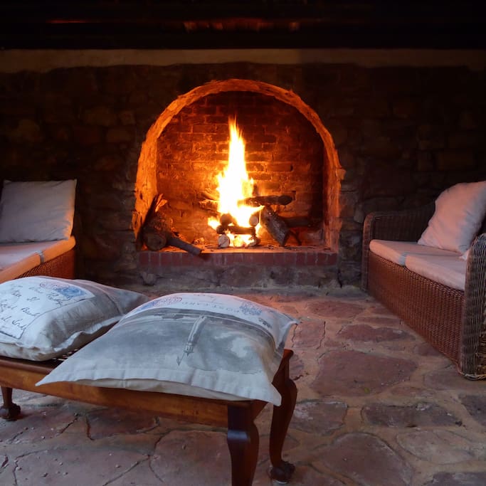 Guest outside fireplace