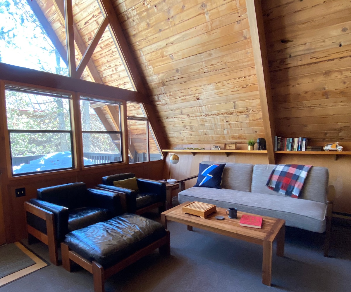 In the living room, tall wooden ceilings create an open feel. A sofa, which folds into a twin bed, is paired with two leather armchairs. A wooden coffee table sits in front, and shelves display books, while large windows allow natural light to illuminate the space.