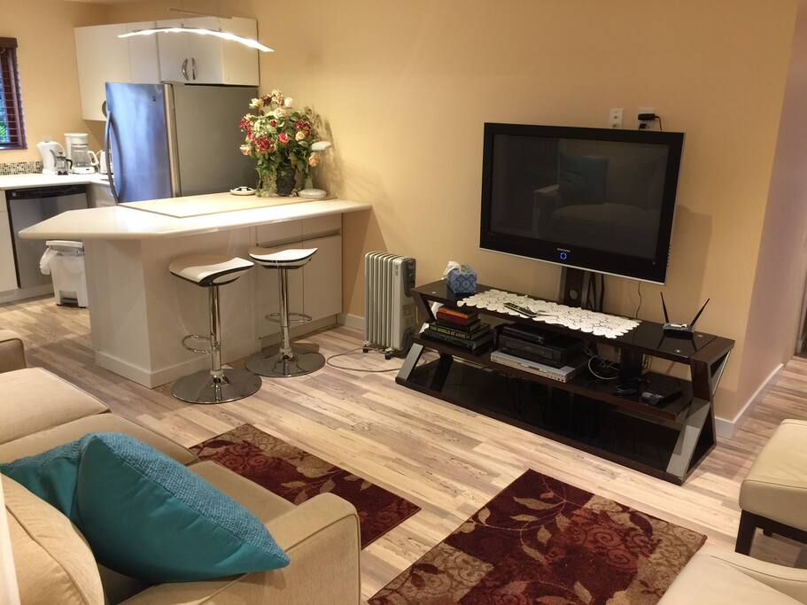 The large TV in the Living room Kitchen and Eating Area